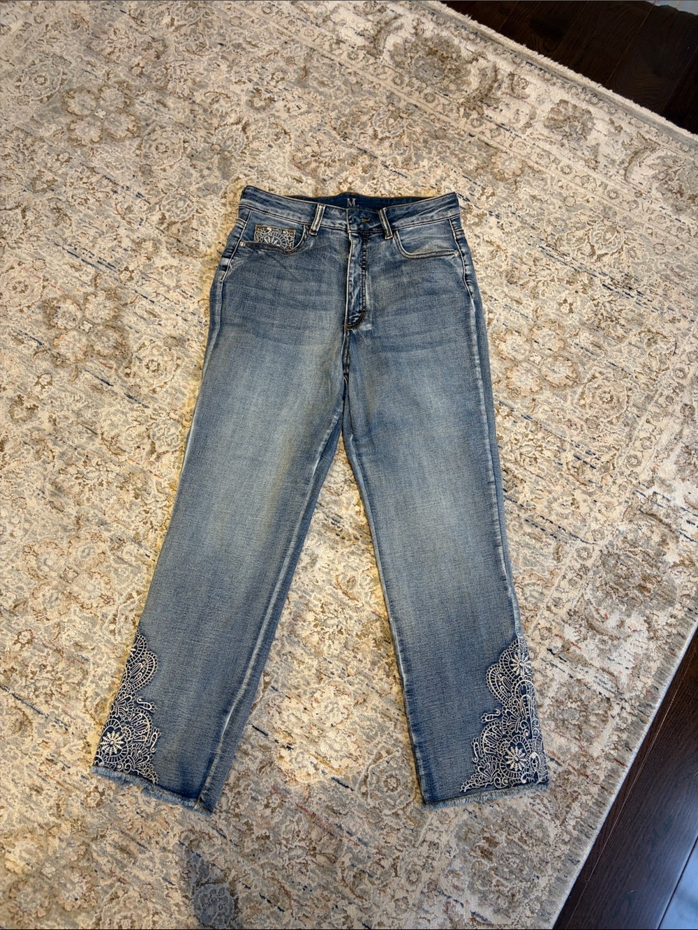 Straight-Leg Embroidered Hem Jeans in Light Blue